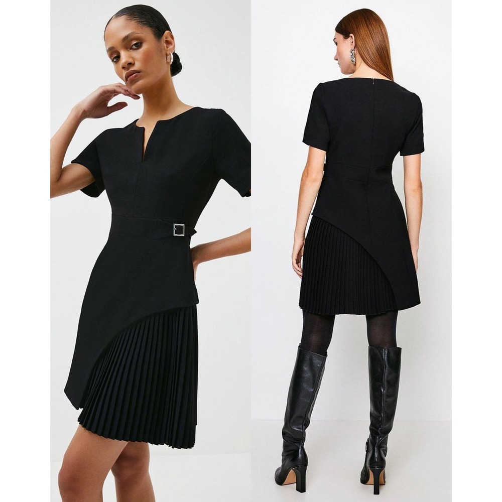 Karen Millen Tailored Military Pleat Short Sleeve Mini Dress Black Size 6 LBD
